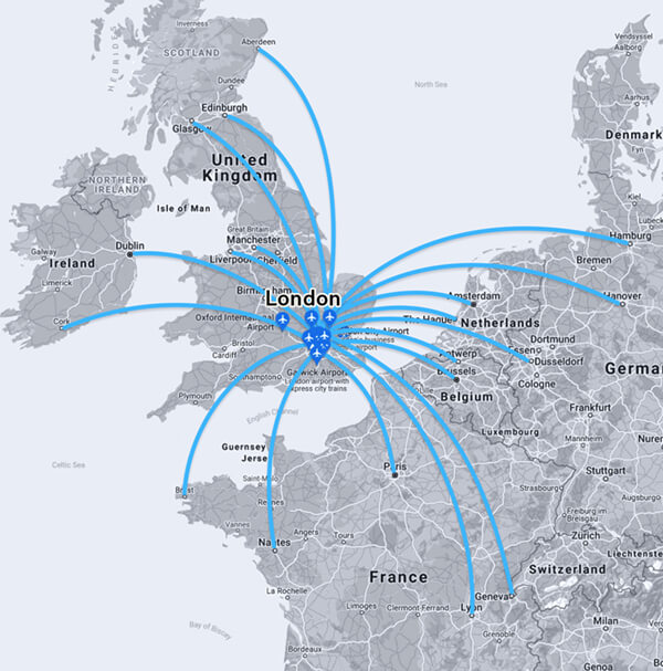 A map of Europe with short destination flight paths