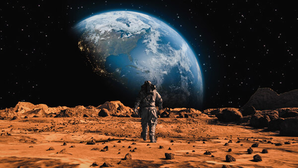 A 3D illustration of an astronaut walking on Mars